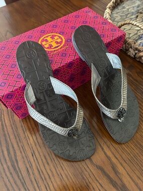 Tory Burch Metallic Silver Snake-Texture Logo Thong Sandals